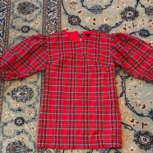 J Crew Red Plaid Puff-Sleeve Top